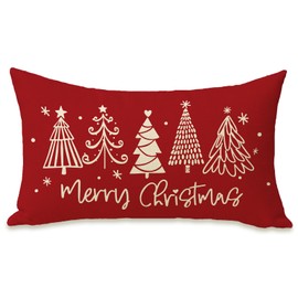 Fahrendom Merry Christmas Tree Red Lumbar Decorative Rectangle Pillow Cover 12 x 20, Xmas Pine Trees Porch Patio Outdoor Pillowcase, Winter Holiday Sofa Couch Cushion Case Home Decor