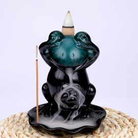 WEWAYSMILE Frog Backflow Incense Burner Waterfall Incense Burner Ceramic Incense Fountain Incense Stick Holder Incense Cone Burner for Yoga Meditation Home Decor Aromatherapy (Don't Look)
