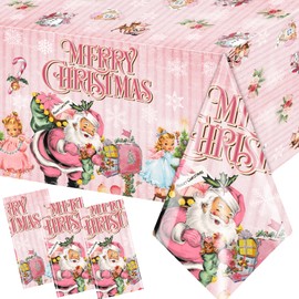 HAKOTI Pink Christmas Tablecloth,3Pcs Retro Snowflake Tablecloth Pink Santa Claus Table Cover Merry Christmas Decorations for New Year Winter Xmas Holiday Party,Christmas Party Disposable Supplies