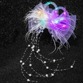 Yokawe Light Up Hair Bow with Pearl Beads, Color Changing Rainbow Lights Bowknot, White Mesh Hair Clip