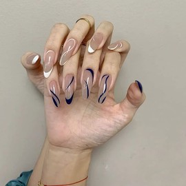 Bufenia 24 Pieces False Nails Simple Lines Medium Length Ballerina French Lace Press On Full Cover Stick on Nails for Women and Girls (B)