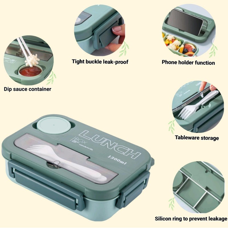 1.3L 4 Compartment Insulated Portable Plastic Bento Lunch Box, Microwaveable,