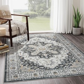 zesthome 5x7 Area Rugs, Machine Washable Rugs for Living Room, Bedroom,Stain Resistant Vintage Large Area Rug,Non-Slip Medallion Pattern Home Decor Rugs (Black,5'x7')