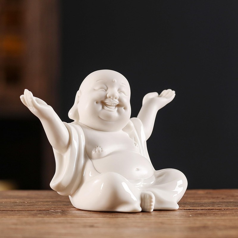Houlu Small White Laughing Buddha Statue for Home Decor, Ceramic