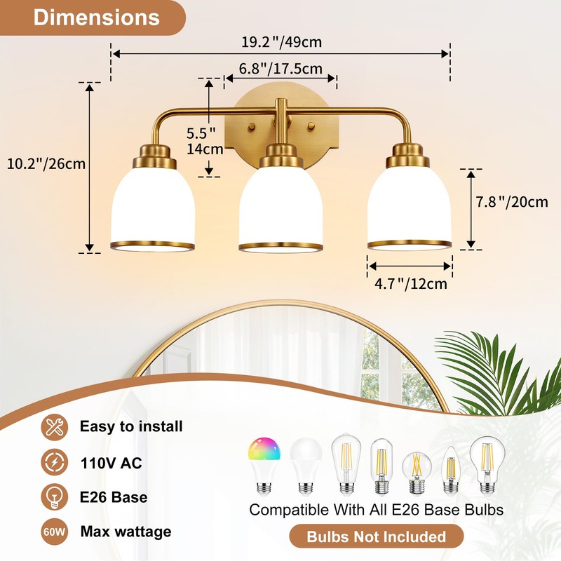 EvmVom 3-Light Brushed Gold Bathroom Light Fixtures, with Milk White