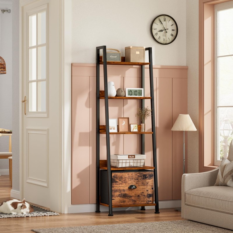 Furologee 5-Tier Ladder Shelf, Ladder Bookshelf with Removable Drawer, Rustic