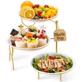 Lifewit Plastic 3 Tier Serving Tray Platter for Party Entertaining, 10" × 10" Large Dessert Table Display Set, White Reusable Round Dishes with Gold Metal Display Stand for Veggie, Fruit, Cookies
