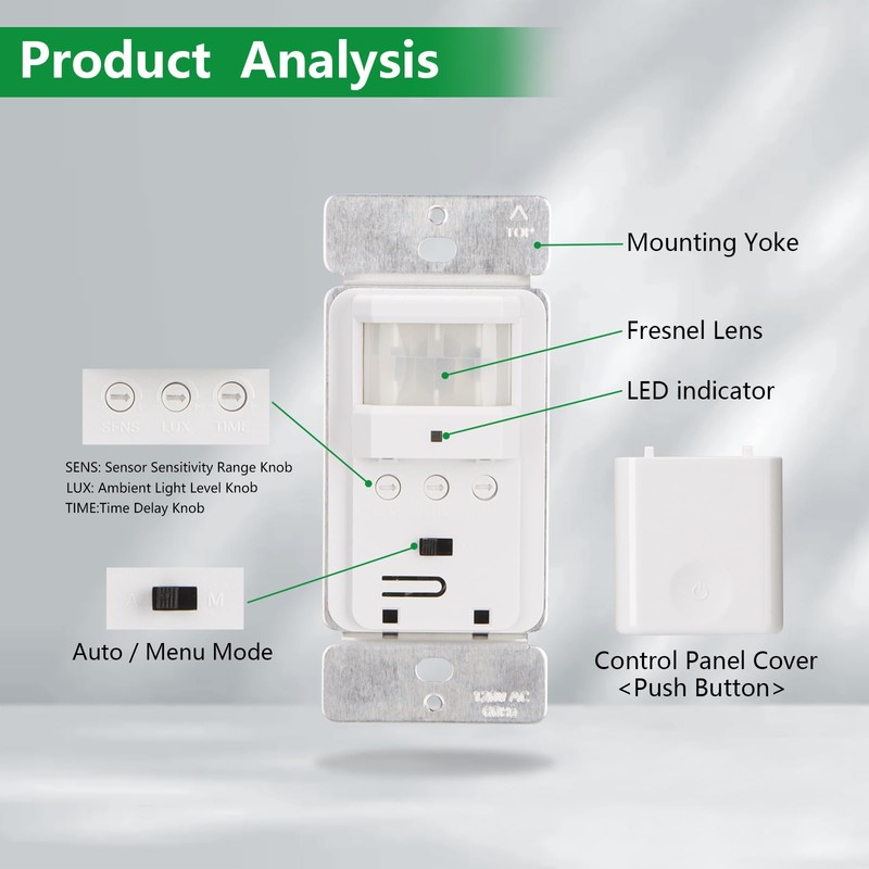 Wengart PIR Motion Sensor Light Switch BAG-001,120VAC Single Pole,180° Sensor