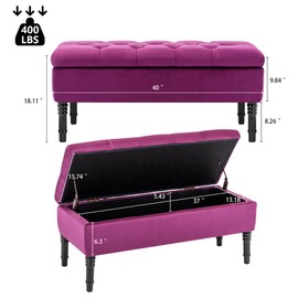 FOREDO 40" Velvet Storage Ottoman Bench, Upholstered Storage Bench, Modern End of Bed Storage Bench with Button Tufted for Bedroom, Entryway, Living Room, Purple