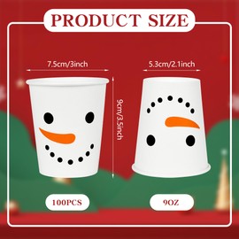 AimFun - 100 tazas de papel desechables de Navidad para fiesta de muñeco de nieve de Navidad, para invierno, sonriente, cara de muñeco de nieve, 9 onzas, para bebidas, bebidas frías y calientes,