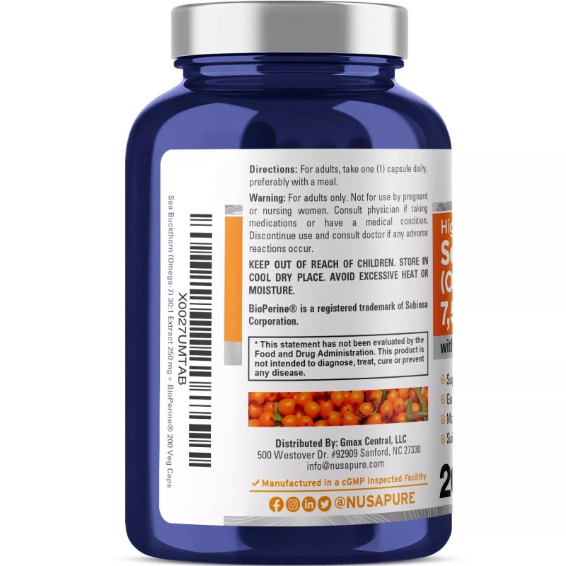 NusaPure Sea Buckthorn (Omega 7) 7500mg 200 Veggie Powder Caps