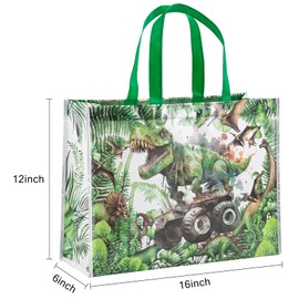 Loveinside Dinosaur Reusable Gift Bag, Tropical Monster Truck Design Large Recycled Party Favor Gift Bag for Kids' Birthday, Shopping, School and Storage, 16" x 6" x 12", 1 Pcs