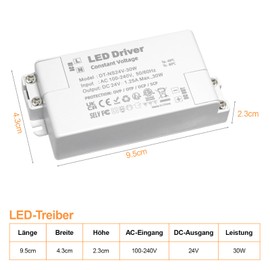 LED Transformer 24 V 30 W, LED Driver Power Supply 24 V 1.25 A, LED Transformer 230 V 24 V 30 W, Transformer 230 V to 24 V, for G4 GU5.3 MR11 MR16 LED Strips, No Noise, No LED Flicker, Not Dimmable