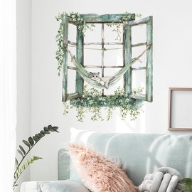 Mestiker 3d Landscape Old Wooden Window Fake Window Sticker Poster Window Scenery Wall Sticker Flower Plant Cat Green Wisteria Decorative Plant Sticker Wall Sticker Removable Removable Stylish
