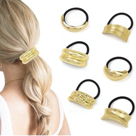 6pcs Metal Hair Ties, Geometric Elastic Hair Ties Gold Hair Cuffs Wrap, Fashion Ponytail Holder Hair Bands,Ellipse Arc Concave/Convex Arc Bands Elastic Wrap Hair Accessories for Women Thick Hair