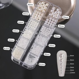 Dengujd Nail Parts, Pearl, Rhinestone Set, 3D, 3D, 6 Sizes, DIY Nails, Craft Parts, Nail Decoration, Large Capacity Set, Pushing and Decorating (Beige + Pure White Pearl)