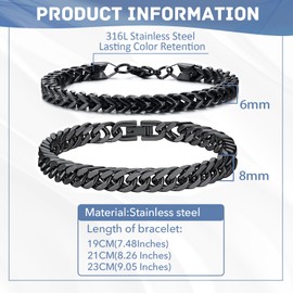 2 x silver bracelet for men, men's chain bracelet, boys' curb bracelet, stainless steel, silver/black, 19/21/23 cm long, 6 mm/8 mm Figaro link chain, 23CM, Nickel Stainless Steel Silver