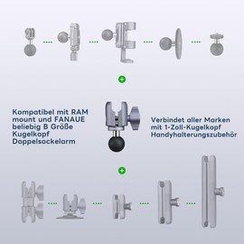 FANAUE Aluminiumlegierung Verbindungsarm mit 1 Zoll Kugeladapter kompatibler mit RAM Halterung B Größe Doppelsockelarm und Fahrrad Motorrad Telefonhalterung, für alle Marke 25,4 mm Kugelhalterungen