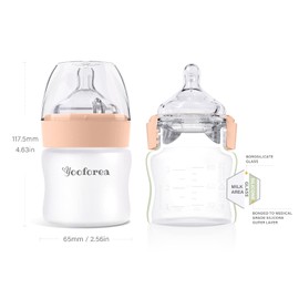 Yooforea Silicone Coated Glass Baby Bottle, 0M+ Slow Flow Nipple I Anti-Colic, Wide Neck, Stable Base I Medical-Grade Silicone Coating for Shatter Protection, BPA BPS PVC Free (2 Pack, 3 Ounce-Honey)