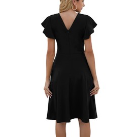 Wedding Guest Dresses for Women Summer Elegant Vintage Ruffle Sleeves V-Back Casual Work A-Line Cocktail Party Dress with Pockets 842 Black L