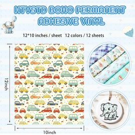 HTVSTD Boho Permanent Adhesive Vinyl-10 Sheets 12 * 10inches Rainbow/Car/Heart Pattern Self Adhesive Vinyl Water Proofing Permanent Vinyl for Mugs Vinyl