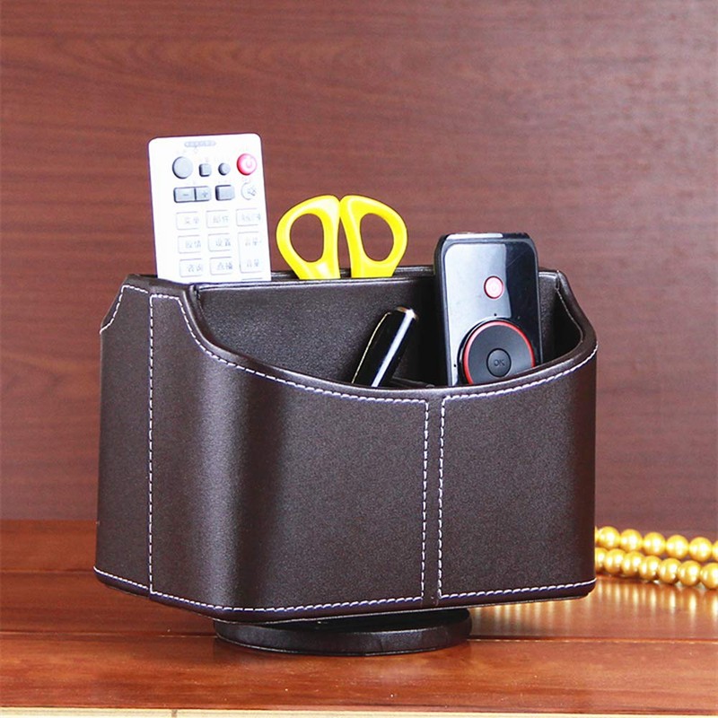 PU Leather Remote Control Holder 360 Degree Spinning Desk Organizer