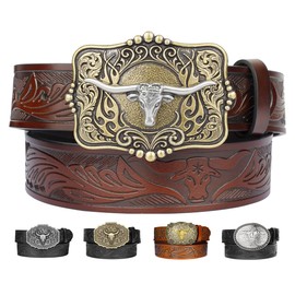 Leather Western Belts for Woman Men, Cowboy Cowgirl Country Belt with Floral Engraved, Bull Decoration Buckles Belt for Jeans Women Mens Birthday Gifts