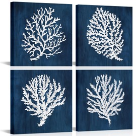 iKNOW FOTO Blue Bathroom Wall Art Beach Canvas Set of 4 Wall Art Decor with Coastal Ocean Coral Prints Modern Navy Blue Painting Stretched Canvas Ready to Hang