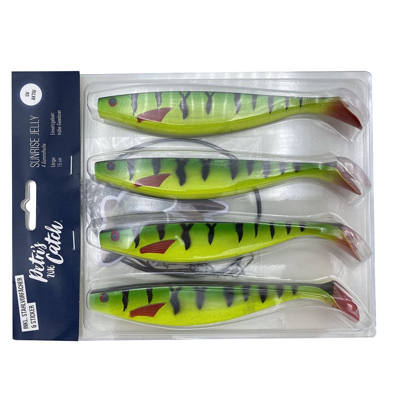 PetrisCatch Firetiger Yellow Rubber Fish Set + 4 Steel Leaders,