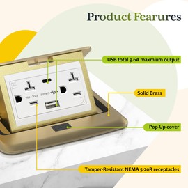 TG Soft Pop-Up Square Floor Box Kit, 4. 75” x 4. 75” x 2.95”, 3.6Amp Type C USB Outlet, 15A Tamper-Resistant Receptacle Outlet, Watertight Gasket and Corrosive Resistant Hardware, Brass