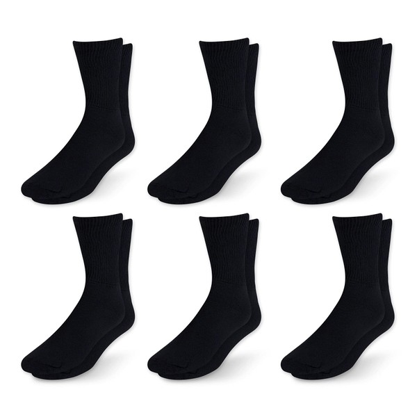 NEW YORK AVE Men's Diabetic Cotton Crew Socks - Loose Fitting Non-Binding Top Circulatory Cushion Bottom (Black 6 Pairs, 10-13)