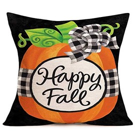 Fukeen Happy Fall Decor Throw Pillow Covers Orange Pumpkin with White Black Buffalo Check Plaids Decorative Pillows Cushion Cover Rustic Farmhouse Decor Cotton Linen Square 18x18 Inches Pillow Case