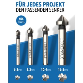 Countersink Set of 4 [6.3, 8.3, 10.5, 16.5 mm] HSS Countersink for Metal and Wood - Metal Countersink, Wood Countersink - Extra Sharp Thanks to Industrial Cut - Fits in Standard Drill Chucks -