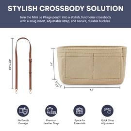 Strap Set for Mini Le Pliage - Handbag Conversion Kit Include Felt Bag Insert Organizer for Tote Bag, Crossbody Leather Strap, Buckles - Purse Straps Replacement for Mini Bag Women (Beige)