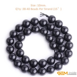 GEM-Inside 10mm Natural Black Russian Shungite Polished Round Stone Chakra Beads for Jewelry Making Full 15" Strand Power Energy Healing Stone