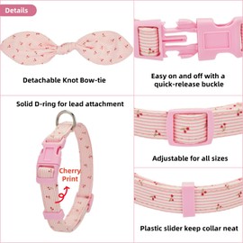 Petiry Cherry Print Dog Collar with Detachable Knot Bow,Adjustable Cute Pink Small Dog Collars for Girl Dogs Gift,S