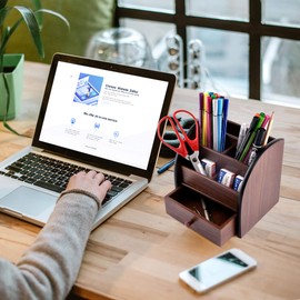 Siveit Wooden Desktop Organizer with Drawer, Multifunctional Office Supply Storage - Remote Control Caddy Holder