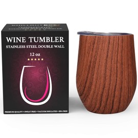 CHILLOUT LIFE 12 oz Stainless Steel Tumbler with Lid & Gift Box - Wine Tumbler Double Wall Vacuum Insulated Travel Tumbler Cup for Coffee, Wine, Cocktails, Ice Cream - Wood Color Tumbler