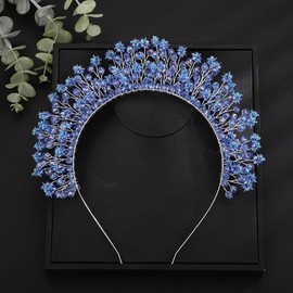 Teyglen Wedding Flower Crystal Beads Tiara Hair Crown Vinatge White Blue Pink Beads Headband Tiara Handmade Hair Band Floral Headpieces Hair Accessories for Women Party Prom (Blue)