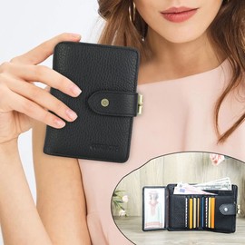Genuine Leather Kiss Lock Wallet for Ladies Contact's Coin Purse RFID Small Womens Bifold Card Case with Photo Window (Black)