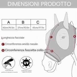 dellyy Maschera Antimosche Cavallo, Maschera Mosche Cavallo, Elastico Maschera Cavallo Antimosche, Maschera Mosche Cavallo Protezione UV, Cuffietta Cavallo (Grigio)