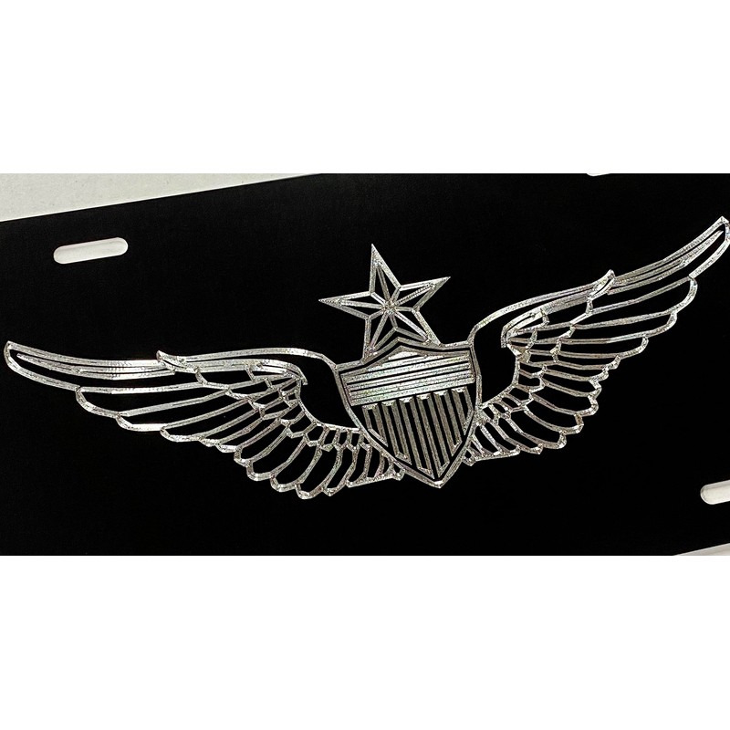 Engraved Senior Army Aviator Wings Car Tag Black & Silver