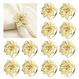 Elvielsl Napkin Ring Set, 6/12 Pcs Metal Napkin Buckle Holder Gold Silver Hollow Triangle Napkin Ring Holders for Christmas Wedding Birthday Party Table Decorations (Gold Flower, 12 Piece)