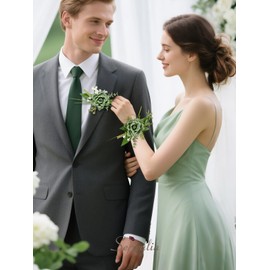 Serwalin 2 Pcs Wrist Corsage and Boutonniere Set, 6-7 Inch Green Corsage for Wedding, Boutonniere for Men Corsage Wristlet Prom Ceremony Anniversary Accessories Suit