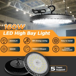160W 2 Pack UFO High Bay Light LED Shop Lights, 25000LM Garage Lights, 6500K Barn Lights, Industrial Light w/ 6.6ft Plug Power Cord, IP65 Waterproof Work Lamp for Warehouse Workshop Factory Gym