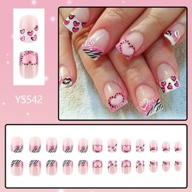 24Pcs Valentines French Tip Press on Nails Short Square Fake Nails Pink Red Heart Design Red Lips False Nails Glossy Full Cover Artificial Glue on Nails Glitter Stick on Nails for Women Manicure Kit