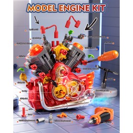 Jovow Engine Building Kit, Kids Mechanic Toys for Motorcycle Engine Toy, STEM Engine Model Kit Toy with Cool Light and Music, Educational Science Building for Boys Age 3+Year Old Mechanic Tools (Red)
