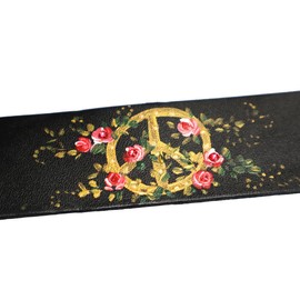 Boho Style Adjustable Wide Black Leather Cuff Bracelet with Hand Painted Gold Peace Sign and Pink Roses Bohemian Jewelry for Women Teen Girls Her