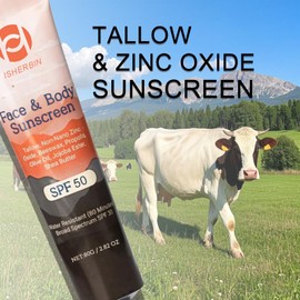 Natural Mineral Sunscreen SPF 50 - Natural Tallow & Zinc Oxide, Beef Tallow Sunscreen for Face & Body SPF 50, Moisturizing Hydrating, No Sticky, NO White Cast - Dry Oily Skincare