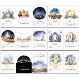 30 Religious Christian Christmas Cards with 15 Different Designs and 30 Brown Kraft Recycled Paper Envelopes